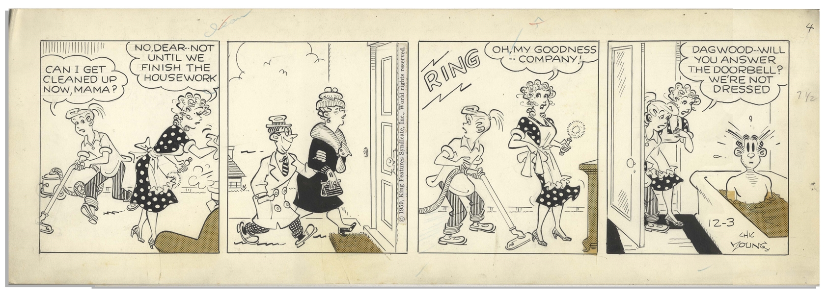 Chic Young Hand-Drawn ''Blondie'' Comic Strip From 1959 Titled ''Dressed for Company!''